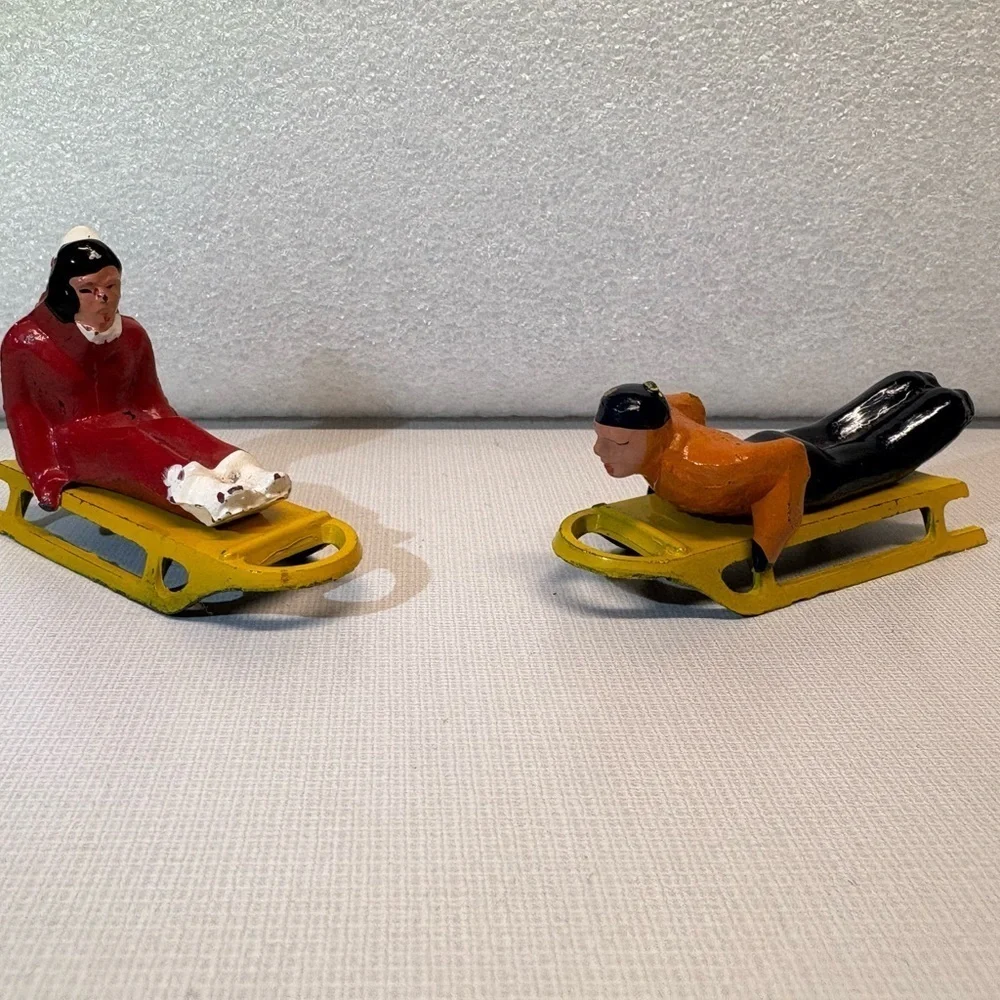 2 Vintage Barclay Sledding Sledders Figurines Christmas Winter Village Decor